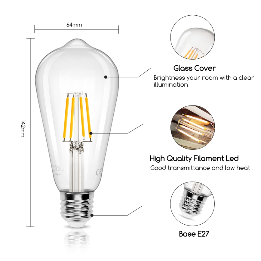LED sijalica FILAMENT ST64 E27/6W/230V 2700K - Aigostar