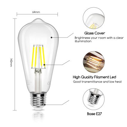 LED sijalica FILAMENT ST64 E27/6W/230V 6500K - Aigostar