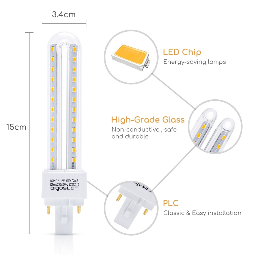 LED sijalica G24D-3/12W/230V 3000K - Aigostar