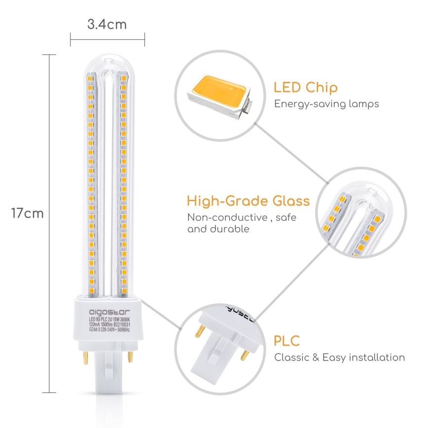 LED sijalica G24D-3/15W/230V 3000K - Aigostar