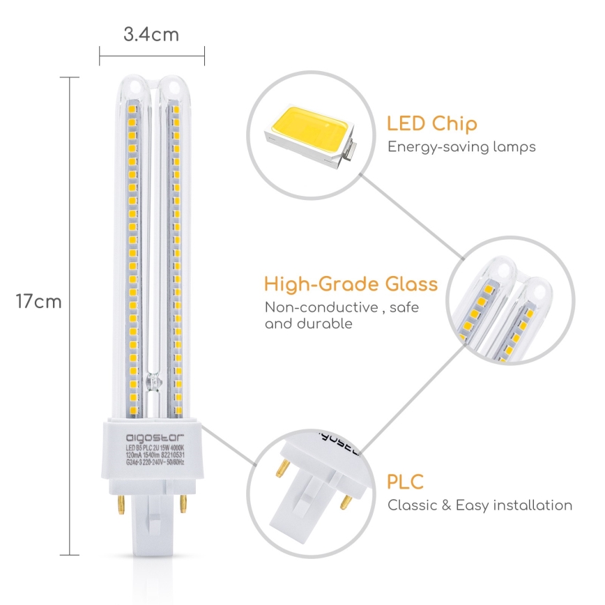 LED sijalica G24D-3/15W/230V 4000K - Aigostar