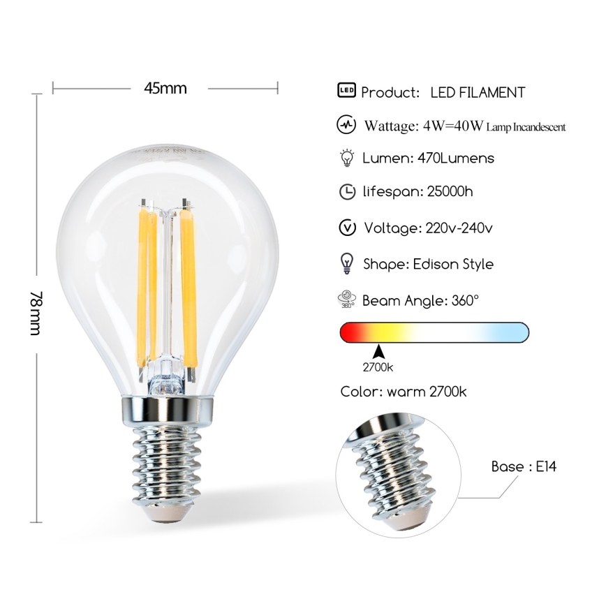 LED sijalica G45 E14/4W/230V 2700K - Aigostar