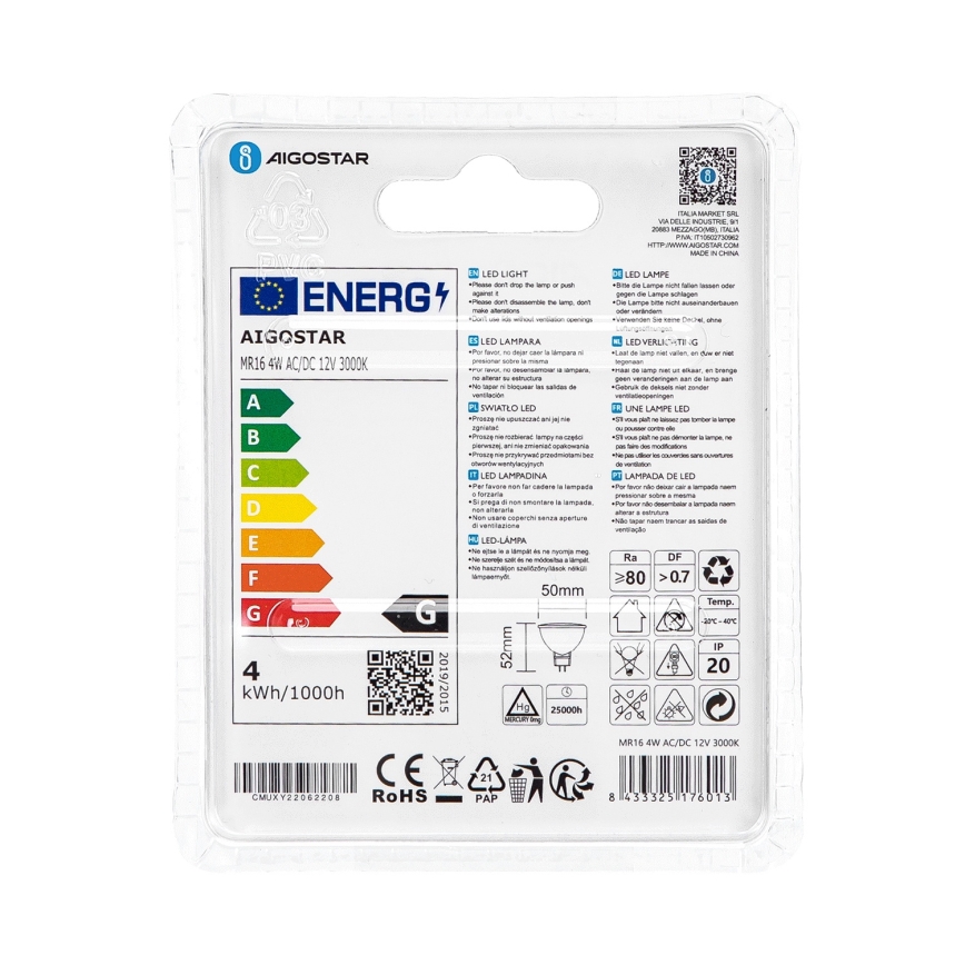 LED sijalica MR16 GU5,3/4W/12V 3000K - Aigostar