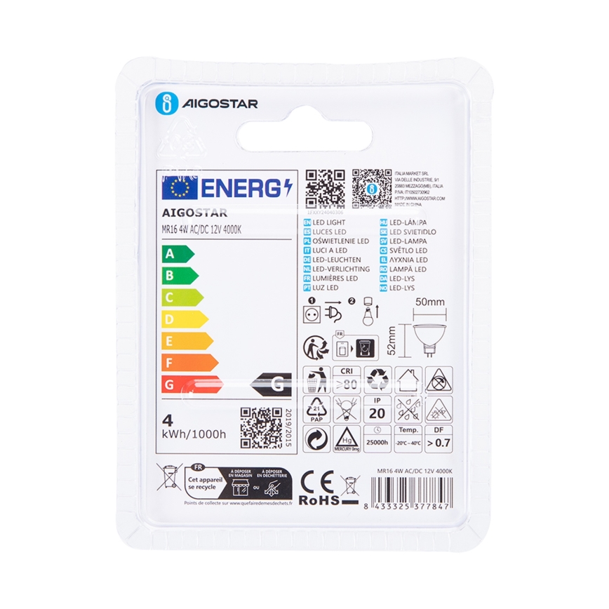 LED sijalica MR16 GU5,3/4W/12V 4000K - Aigostar