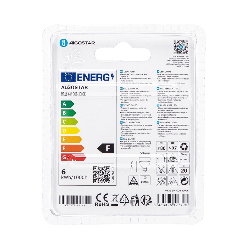 LED sijalica MR16 GU5,3/6W/12V 3000K - Aigostar