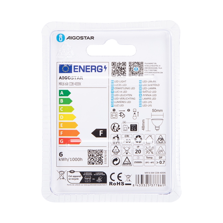 LED sijalica MR16 GU5,3/6W/12V 4000K - Aigostar