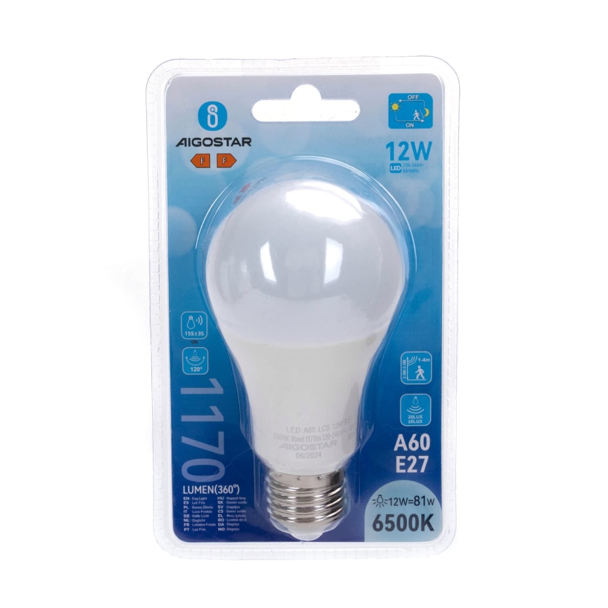 LED sijalica sa senzorom pokreta i sumraka A60 E27/12W/230V 6500K - Aigostar