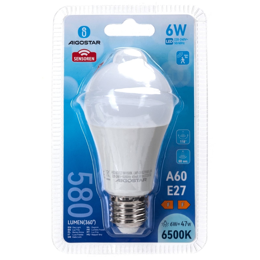LED sijalica sa senzorom pokreta i sumraka A60 E27/6W/230V 6500K - Aigostar