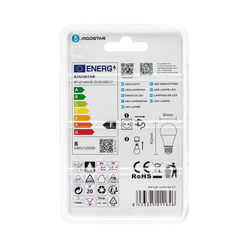 LED sijalica sa senzorom sumraka A60 E27/8W/230V 6500K - Aigostar
