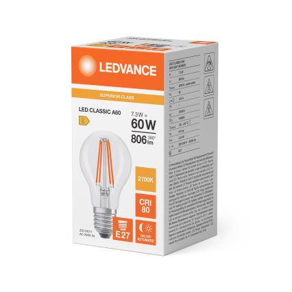 LED sijalica sa senzorom sumraka CLASSIC FILAMENT A60 E27/7,3W/230V 2700K - Osram