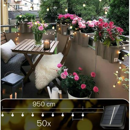 LED Solarni dekorativni lanac 50xLED/8 funkcija 500 mAh 9,5 m IP67 topla bela