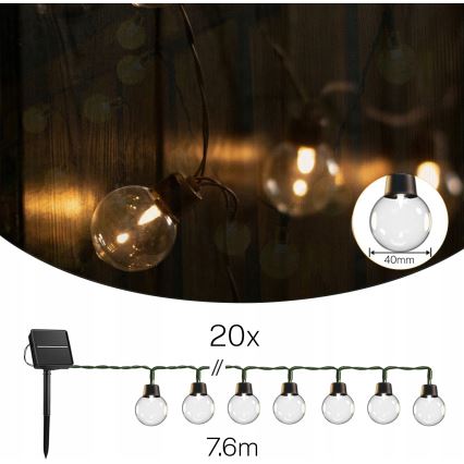 LED solarni dekorativni niz 20xLED/8 funkcija 500 mAh 7,6 m IP67 topla bela
