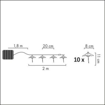 LED solarni lanac 10×LED/1,2 V 300 mAh 3,8 m IP44 za kišobrane