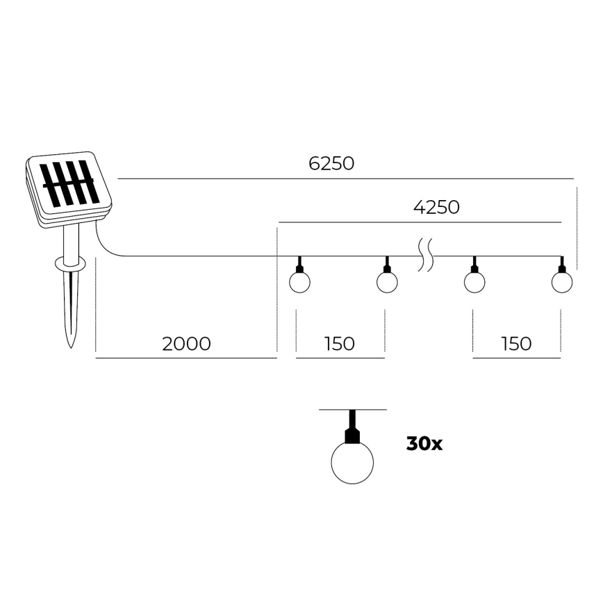 LED solarni lanac 30xLED/0,12W/1,2V 1xAA 3000K IP44 400 mAh