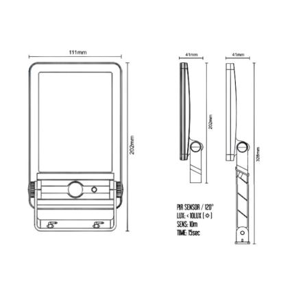 LED Solarni reflektor sa senzorom LED/5W/3,7V 4000K 1500 mAh IP54 crna