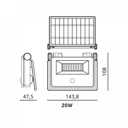 LED solarni reflektor sa senzorom NCS G2 LED/20W/3,7V 3000/4000/6500K IP54 2600 mAh