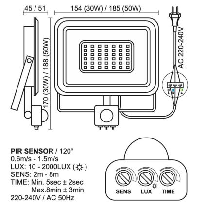 LED spoljašnji reflektor sa senzorom LED/50W/230V 4000K IP44 crna
