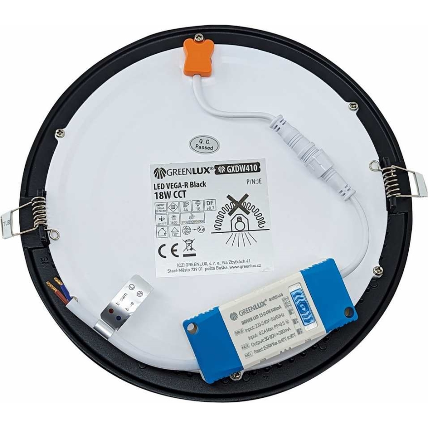 LED ugradna svetiljka VEGA LED/18W/230V 2900/3900/5800K prečnik 22,5 cm, crna