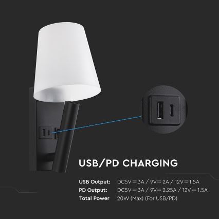 LED zidna lampa sa USB priključkom LED/2W/230V 3000K crna/bela