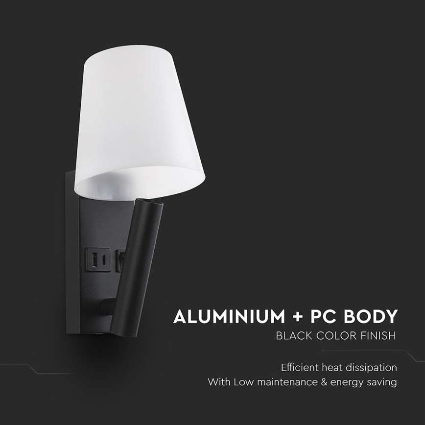 LED zidna lampa sa USB priključkom LED/2W/230V 3000K crna/bela