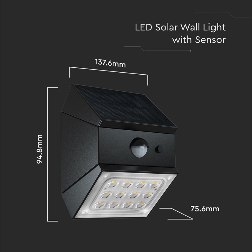 LED zidno solarno svetlo sa senzorom LED/2,5W/3,7V 3000/4000/6000K IP65 1200 mAh crna