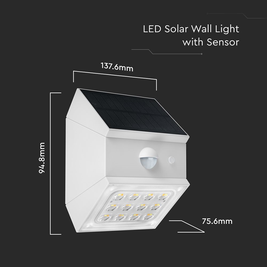LED solarno zidno svetlo sa senzorom LED/2,5W/3,7V 3000/4000/6000K IP65 1200 mAh bela
