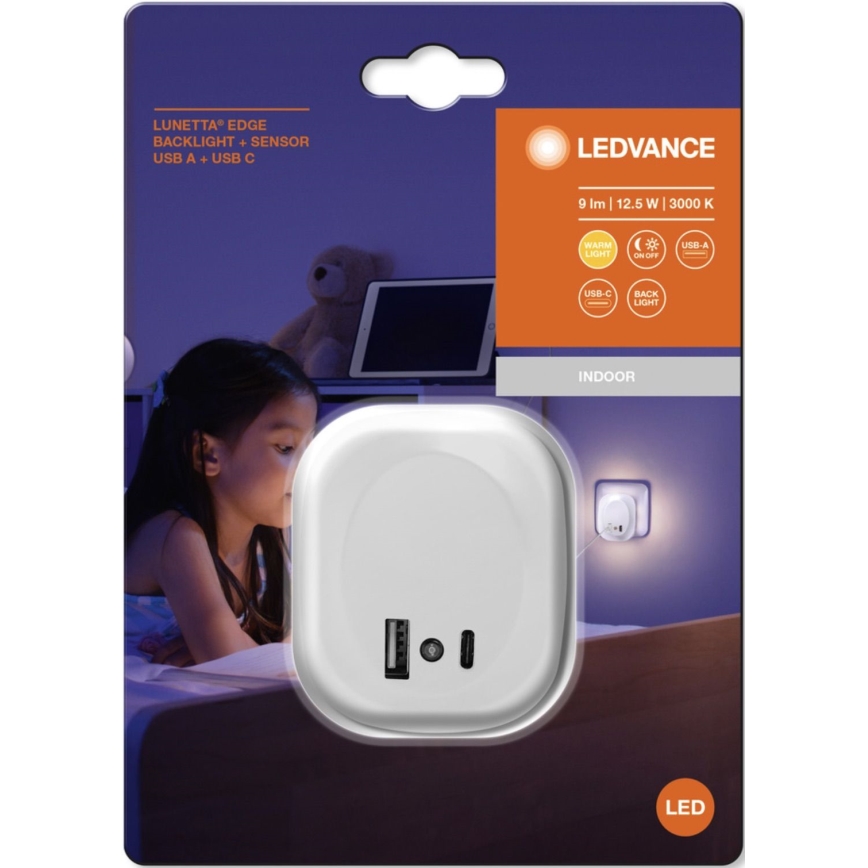 Ledvance - LED noćno svetlo za utičnicu sa senzorom i USB LUNETTA LED/12,5W/230V 3000K belo