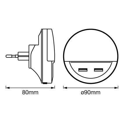 Ledvance - LED noćno svetlo za utičnicu sa senzorom LUNETTA 2xUSB LED/13W/230V