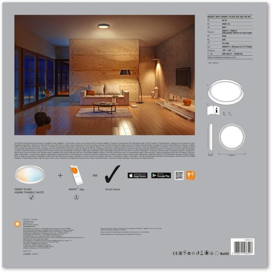 Ledvance - LED prigušiva svetiljka SMART+ PLATE LED/24W/230V 3000K-6500K Wi-Fi