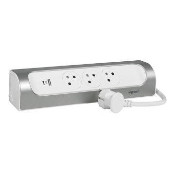 Legrand 049406 - Produžni kabl 3 utičnice Tip E + USB-A + USB-C 1 m srebrna/bela