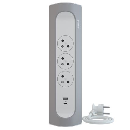 Legrand 049406 - Produžni kabl 3 utičnice Tip E + USB-A + USB-C 1 m srebrna/bela