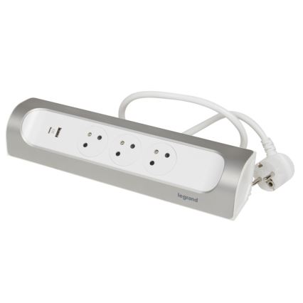 Legrand 049406 - Produžni kabl 3 utičnice Tip E + USB-A + USB-C 1 m srebrna/bela