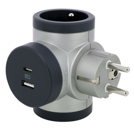 Legrand 049439 - Rotirajući adapter za utičnice 2Z Tip E + USB-A + USB-C srebrna/crna