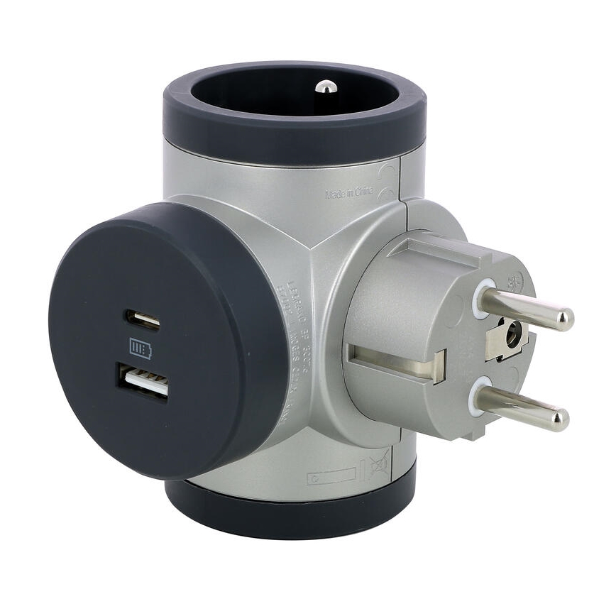 Legrand 049439 - Rotirajući adapter za utičnice 2Z Tip E + USB-A + USB-C srebrna/crna