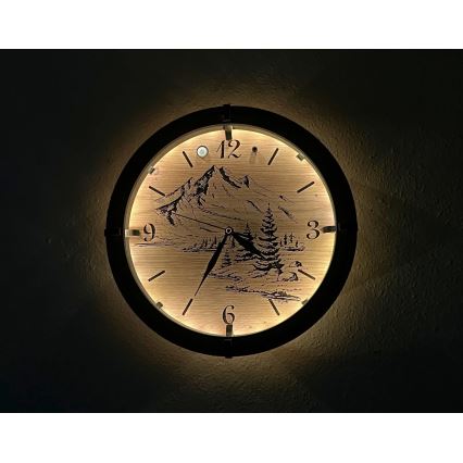 Li-Go 23697/DUB/BAT2 - LED prigušiva sat sa senzorom pokreta LED/10W/5V 20000 mAh + 1xAA Ø 32 cm hrast/Planine