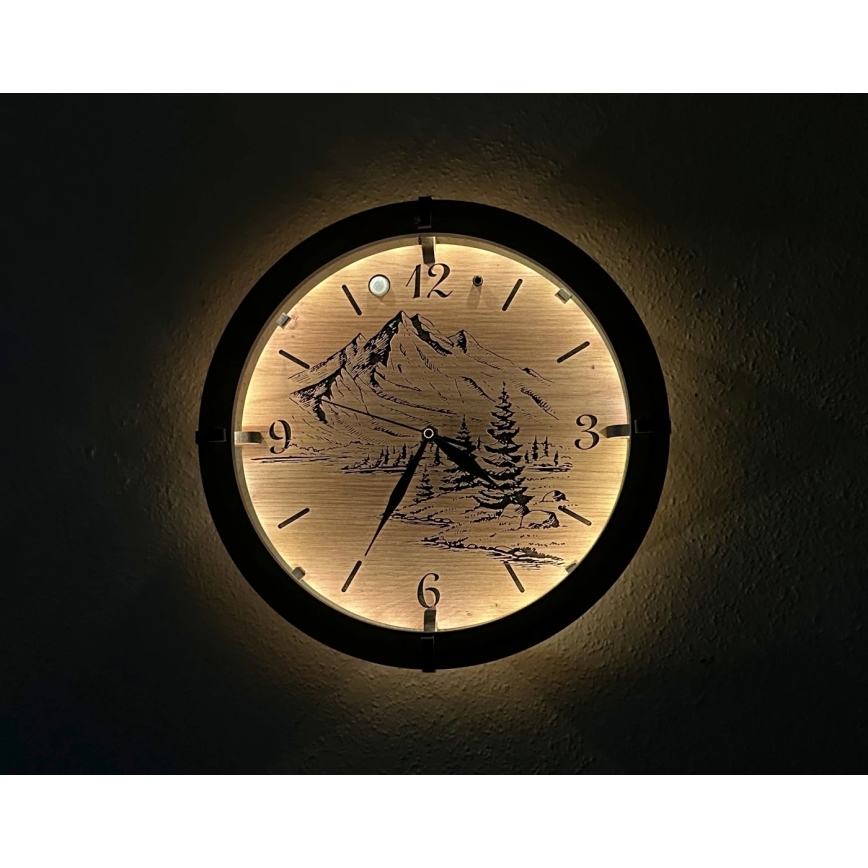 Li-Go 23697/DUB/BAT2 - LED prigušiva sat sa senzorom pokreta LED/10W/5V 20000 mAh + 1xAA Ø 32 cm hrast/Planine