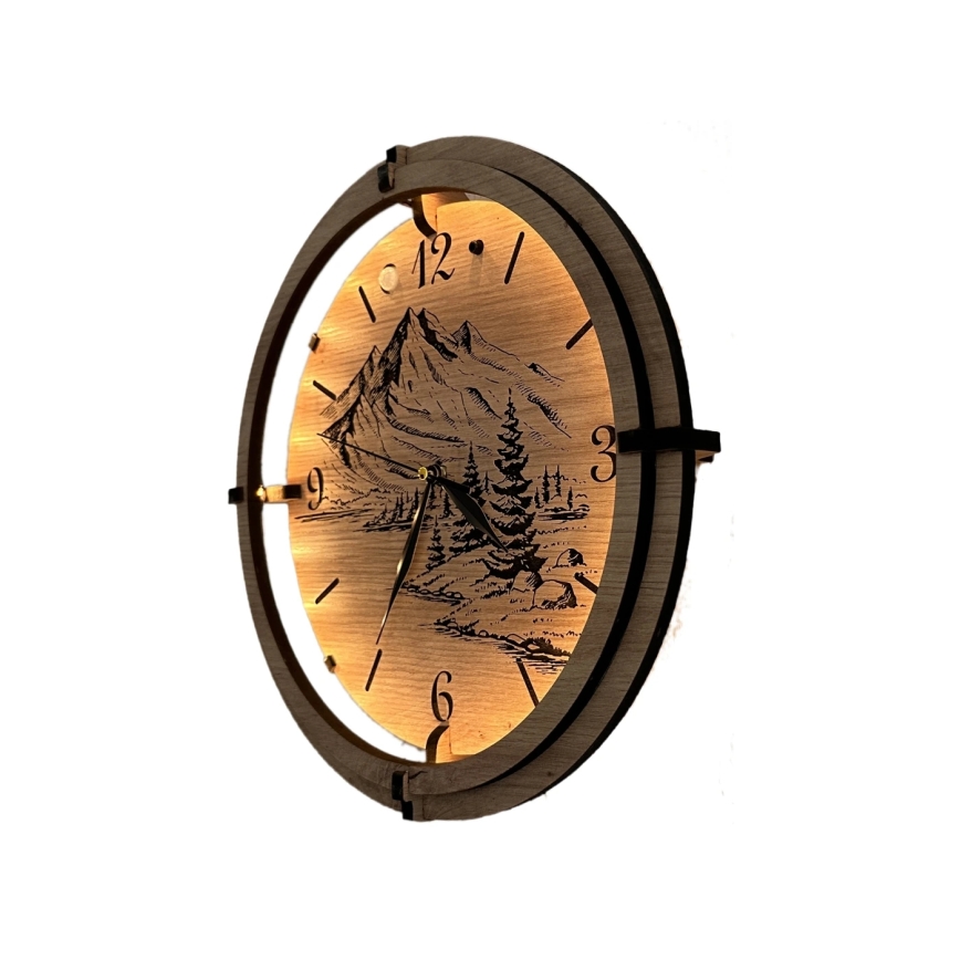 Li-Go 23697/DUB/BAT2 - LED prigušiva sat sa senzorom pokreta LED/10W/5V 20000 mAh + 1xAA Ø 32 cm hrast/Planine