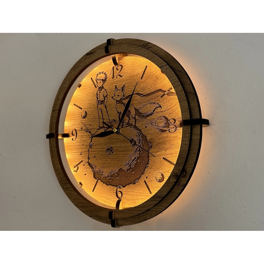 Li-Go 23712/DUB/BAT2 - LED prigušiva zidni sat sa senzorom pokreta LED/10W/5V 20000 mAh + 1xAA prečnik 32 cm hrast/Mali princ