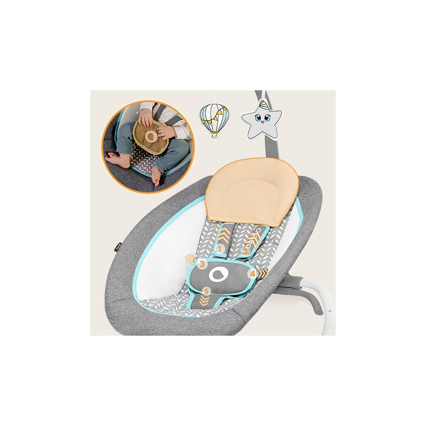 Lionelo - Dečja vibrirajuća ljuljaška sa melodijom PASCAL 2xAA siva/tirkizna