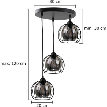 Luster na kablu SOLO BLACK 3x E27/60W/230V, prečnik 30 cm