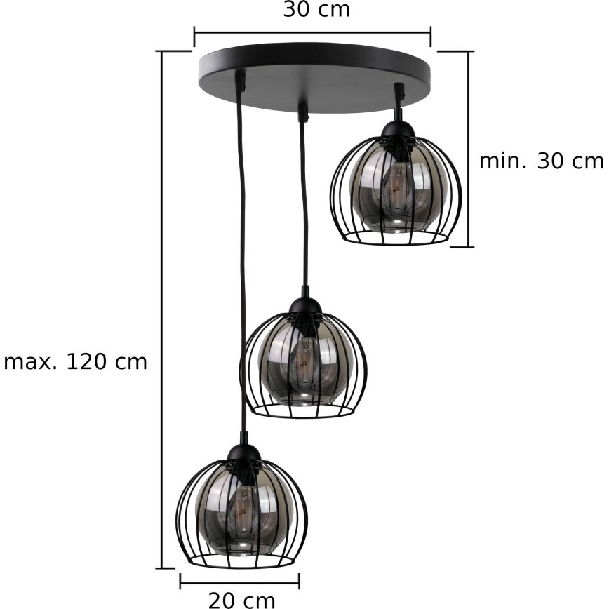 Luster na kablu SOLO BLACK 3x E27/60W/230V, prečnik 30 cm