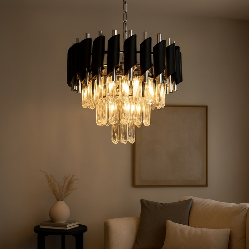 Luster na lancu CRISTAL 5xE14/10W/230V prečnik 38 cm crna/mat hrom