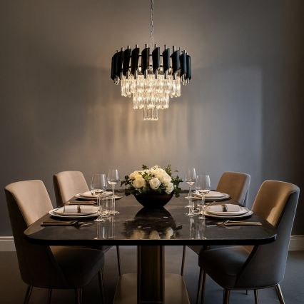 Luster na lancu CRISTAL 5xE14/10W/230V prečnik 38 cm crna/mat hrom
