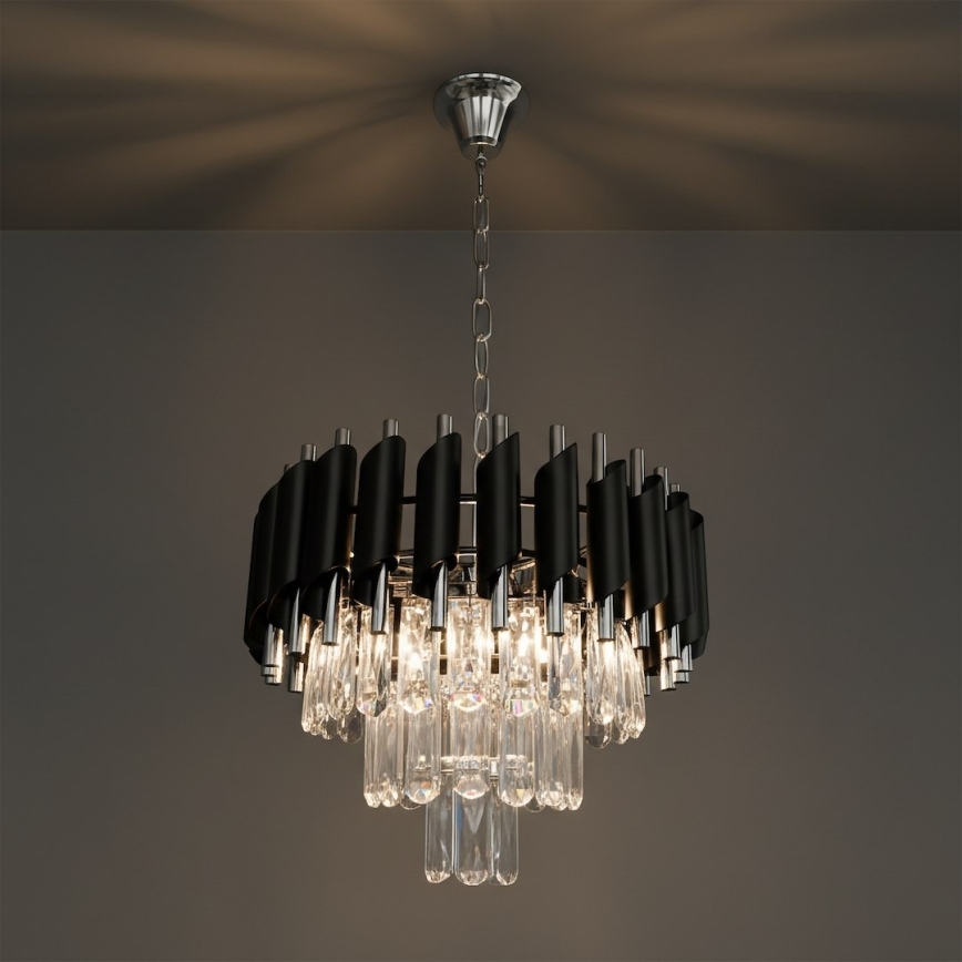 Luster na lancu CRISTAL 5xE14/10W/230V prečnik 38 cm crna/mat hrom