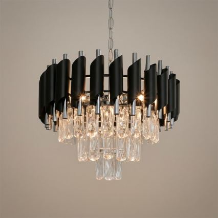 Luster na lancu CRISTAL 5xE14/10W/230V prečnik 38 cm crna/mat hrom