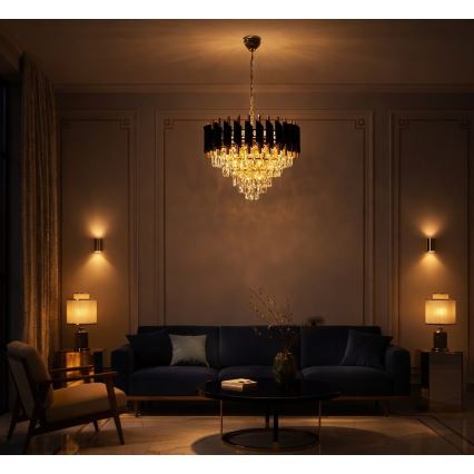 Luster na lancu CRISTAL 7xE14/10W/230V prečnik 48 cm crna/zlatna