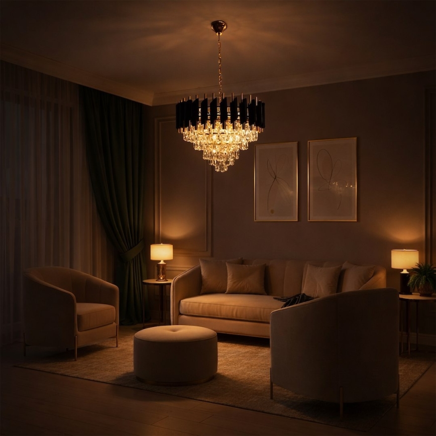 Luster na lancu CRISTAL 7xE14/10W/230V prečnik 48 cm crna/zlatna