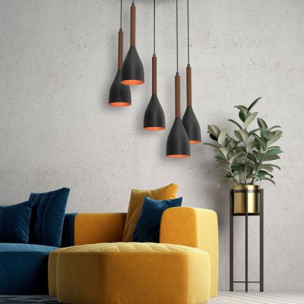Luster na lanku MUZA 5xE27/15W/230V crna/smeđa/bakrena/buk
