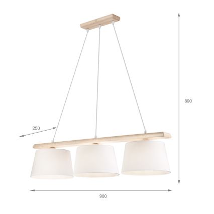 Luster na sajli AIDA 3xE27/60W/230V prečnik 25 cm hrast/bela