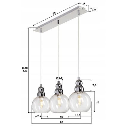 Luster na sajli AKSO 3xE14/40W/230V srebrne boje